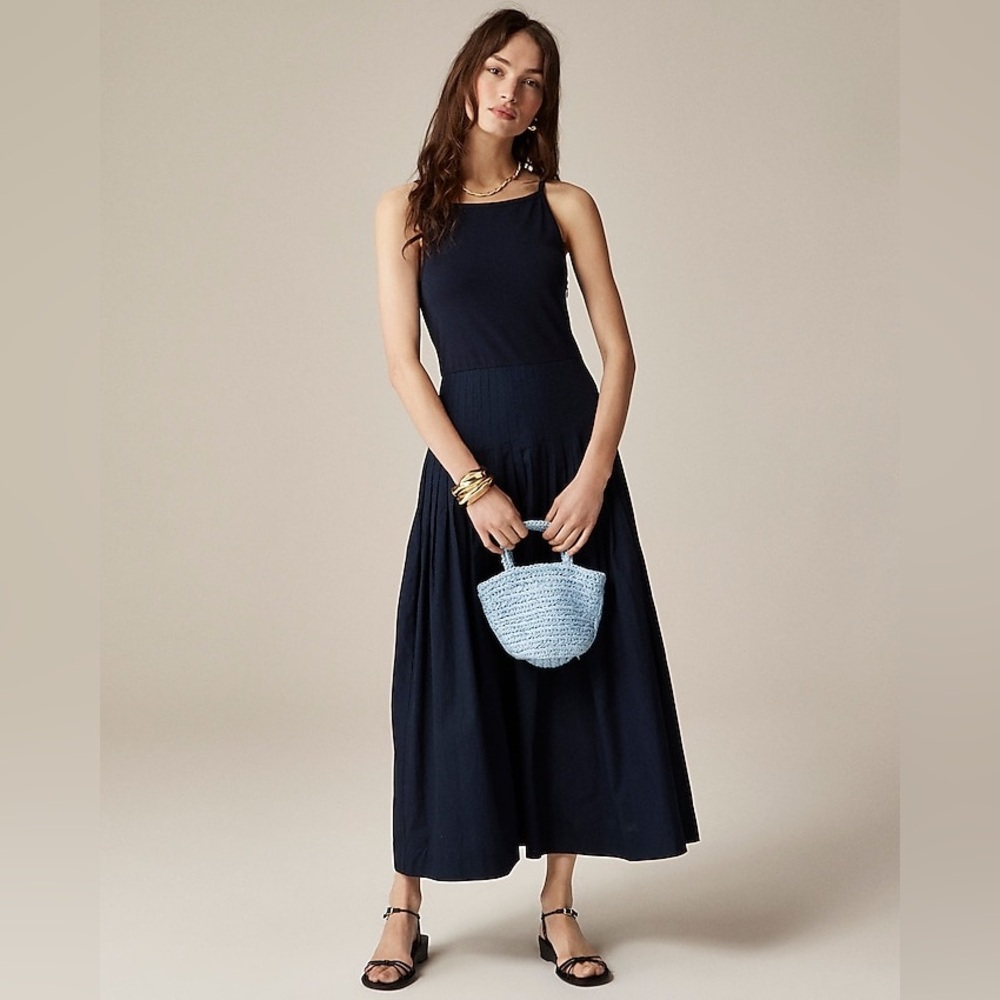 NWT J.Crew Pintuck mixy dress Navy Small Midi Preppy Vacation Resort Cotton